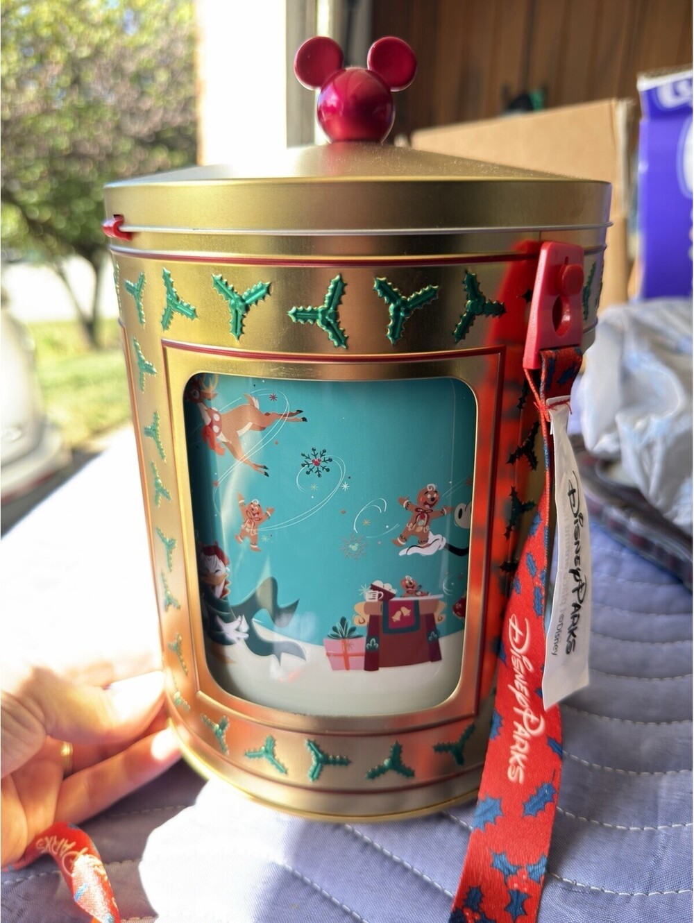Disney Parks Rotating Picture Musical Christmas Popcorn Bucket with Strap